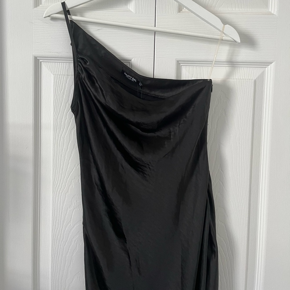 One shoulder satin mini dress, size 2 in black color. Brand new dress.